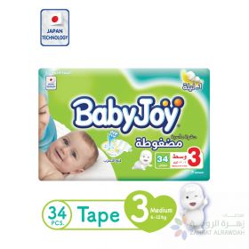 BABYJOY COMPRESSED DIAMOND PAD DIAPER VALUE PACK MEDIUM, SIZE 3, 34 COUNT,6-12 KG.